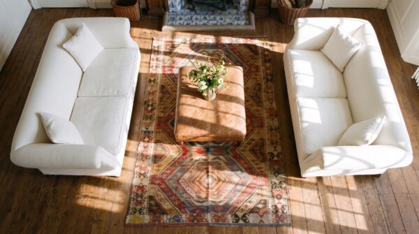 Antique large gallery size tribal geometric flatweave turkish kilim rug 2 Antique large gallery size tribal geometric flatweave turkish kilim rug (sku 25124) - styled overhead view