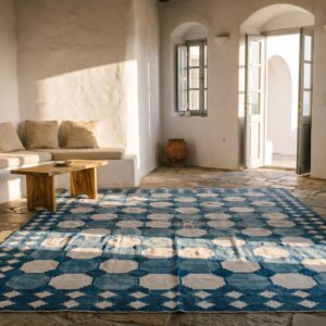 Large Geometric Mid Century Modern Design White and Blue Flatweave Dhurrie Rug (SKU 19966) - room view