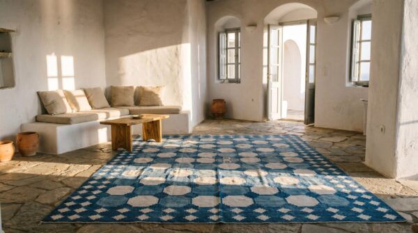 Large geometric mid century modern design white and blue flatweave dhurrie rug 5 Large geometric mid century modern design white and blue flatweave dhurrie rug (sku 19966) - room view