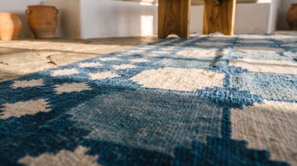 Large geometric mid century modern design white and blue flatweave dhurrie rug 6 Large geometric mid century modern design white and blue flatweave dhurrie rug (sku 19966) - in-room detail