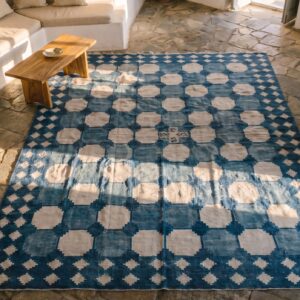 Large Geometric Mid Century Modern Design White and Blue Flatweave Dhurrie Rug (SKU 19966) - styled overhead view