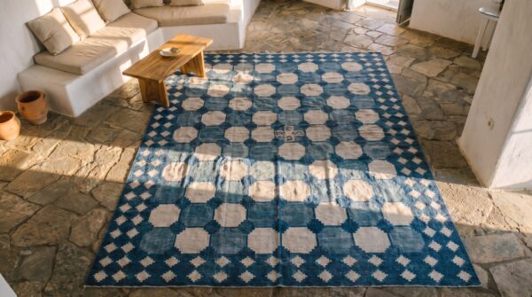 Large geometric mid century modern design white and blue flatweave dhurrie rug 2 Large geometric mid century modern design white and blue flatweave dhurrie rug (sku 19966) - styled overhead view