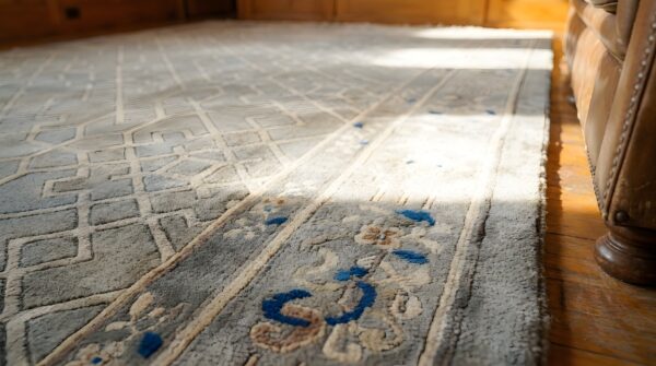 Antique large wool gray hand knotted pile rug (sku 22298) - in-room detail