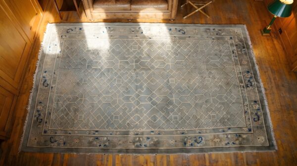 Antique large wool gray hand knotted pile rug (sku 22298) - styled overhead view