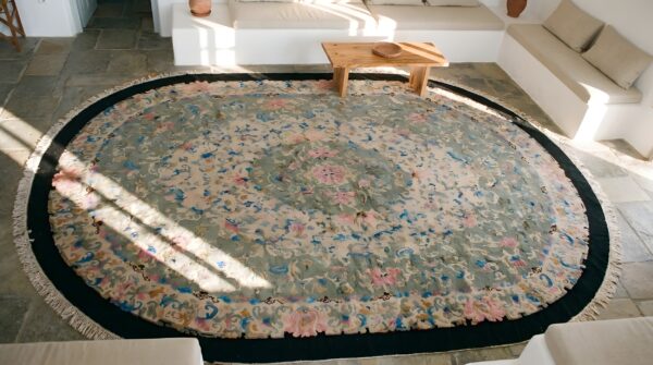Large antique green floral chinese peking oval carpet 2 Large antique green floral chinese peking oval carpet (sku 22962) - styled overhead view