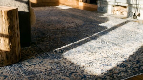 Antique large indian floral medallion hand knotted pile rug 9 Antique large indian floral medallion hand knotted pile rug (sku 22785) - in-room detail