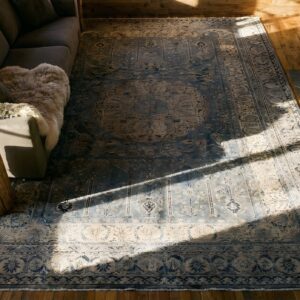 Antique Large Indian Floral Medallion Hand Knotted Pile Rug (SKU 22785) - styled overhead view