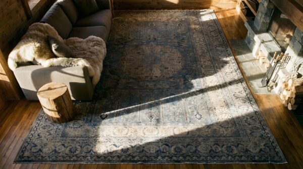 Antique large indian floral medallion hand knotted pile rug 2 Antique large indian floral medallion hand knotted pile rug (sku 22785) - styled overhead view