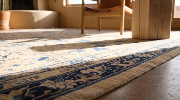 Antique large wool ivory beige cream white hand knotted pile rug 11 Antique large wool ivory beige cream white hand knotted pile rug (sku 24422) - in-room detail