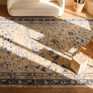Antique Large Wool Ivory Beige Cream White Hand Knotted Pile Rug (SKU 24422) - styled overhead view