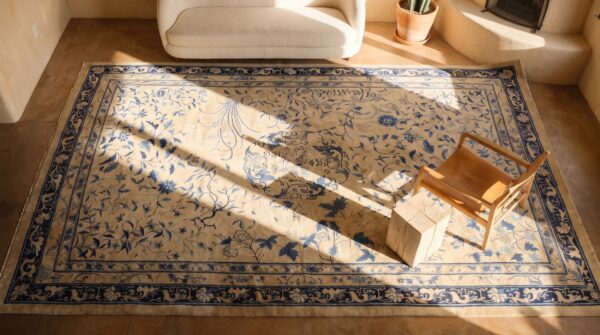 Antique large wool ivory beige cream white hand knotted pile rug 2 Antique large wool ivory beige cream white hand knotted pile rug (sku 24422) - styled overhead view