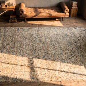 Large Antique Ivory and Light Blue Color Floral Persian Kerman Rug (SKU 20204) - styled overhead view