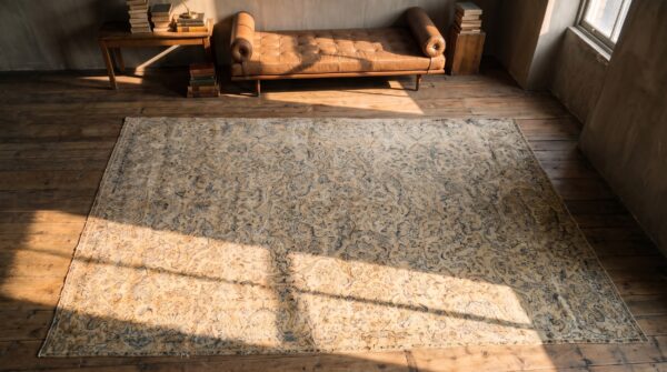 Large antique ivory and light blue color floral persian kerman rug 2 Large antique ivory and light blue color floral persian kerman rug (sku 20204) - styled overhead view