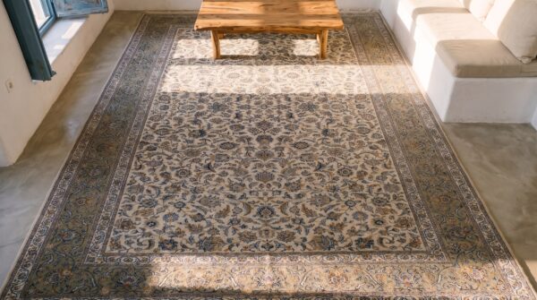 Antique large kashan persian allover floral knotted rug 2 Antique large kashan persian allover floral knotted rug (sku 24224) - styled overhead view