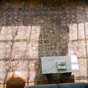 Antique Large Kerman - Lavar Persian Knotted Rug (SKU 17729) - styled overhead view