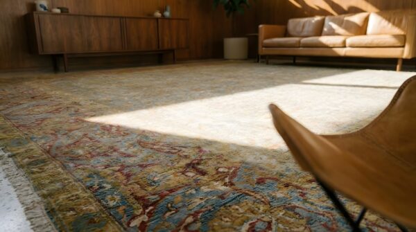 Antique large lahore indian geometric knotted rug 9 Antique large lahore indian geometric knotted rug (sku 24950) - in-room detail