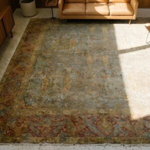 Antique Large Lahore Indian Geometric Knotted Rug (SKU 24950) - styled overhead view