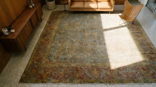 Antique large lahore indian geometric knotted rug 2 Antique large lahore indian geometric knotted rug (sku 24950) - styled overhead view