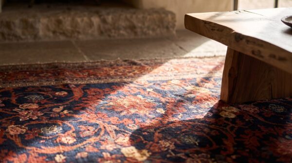 Large long and narrow antique blue persian mostofi design rug 6 Large long and narrow antique blue persian mostofi design rug (sku 21726) - in-room detail