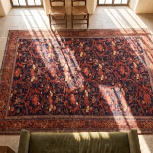 Large Long and Narrow Antique Blue Persian Mostofi Design Rug (SKU 21726) - styled overhead view