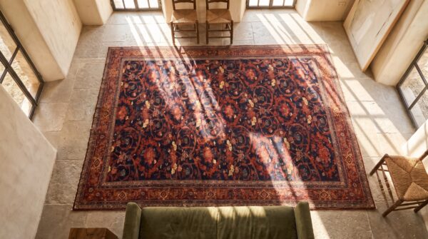 Large long and narrow antique blue persian mostofi design rug 2 Large long and narrow antique blue persian mostofi design rug (sku 21726) - styled overhead view