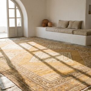 Large Long and Narrow Size Antique East Turkestan Neutral Cream Color Khotan Coral Rug (SKU 20035) - room view