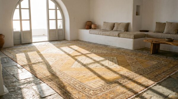 Large long and narrow size antique east turkestan neutral cream color khotan coral rug 5 Large long and narrow size antique east turkestan neutral cream color khotan coral rug (sku 20035) - room view