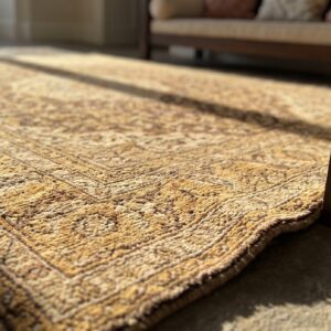 Large Long and Narrow Size Antique East Turkestan Neutral Cream Color Khotan Coral Rug (SKU 20035) - in-room detail