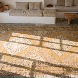 Large Long and Narrow Size Antique East Turkestan Neutral Cream Color Khotan Coral Rug (SKU 20035) - styled overhead view