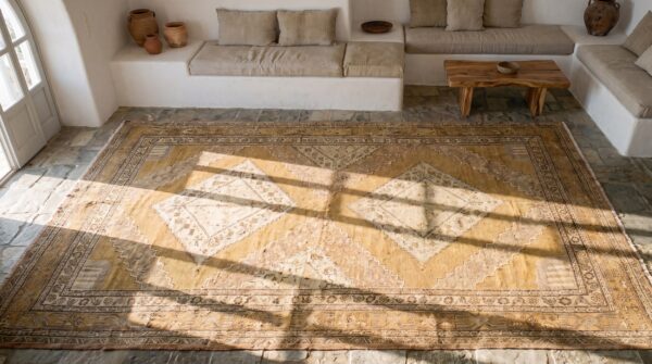 Large long and narrow size antique east turkestan neutral cream color khotan coral rug 2 Large long and narrow size antique east turkestan neutral cream color khotan coral rug (sku 20035) - styled overhead view