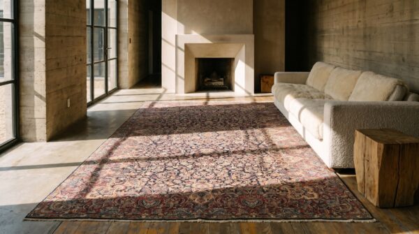 Antique large long and narrow size fine weave persian kerman rug 8 Antique large long and narrow size fine weave persian kerman rug (sku 23080) - room view