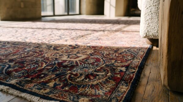 Antique large long and narrow size fine weave persian kerman rug 9 Antique large long and narrow size fine weave persian kerman rug (sku 23080) - in-room detail