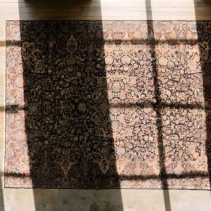 Antique Large Long and Narrow Size Fine Weave Persian Kerman Rug (SKU 23080) - styled overhead view
