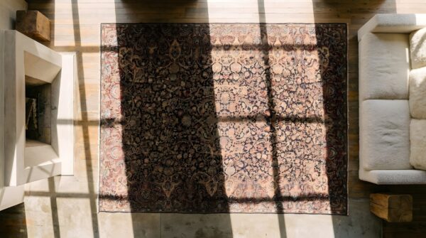 Antique large long and narrow size fine weave persian kerman rug 2 Antique large long and narrow size fine weave persian kerman rug (sku 23080) - styled overhead view