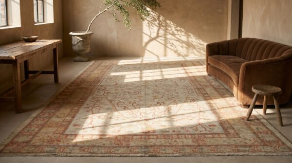 Antique large long narrow size ivory turkish wool pile oushak rug 12 Antique large long narrow size ivory turkish wool pile oushak rug (sku 17541) - room view