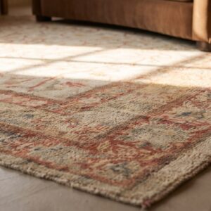 Antique Large Long Narrow Size Ivory Turkish Wool Pile Oushak Rug (SKU 17541) - in-room detail