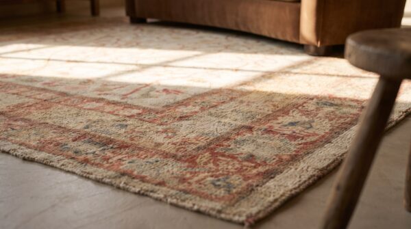 Antique large long narrow size ivory turkish wool pile oushak rug 13 Antique large long narrow size ivory turkish wool pile oushak rug (sku 17541) - in-room detail