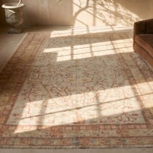 Antique Large Long Narrow Size Ivory Turkish Wool Pile Oushak Rug (SKU 17541) - styled overhead view