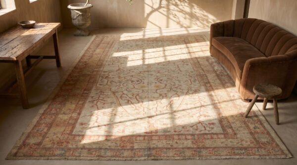 Antique large long narrow size ivory turkish wool pile oushak rug 2 Antique large long narrow size ivory turkish wool pile oushak rug (sku 17541) - styled overhead view