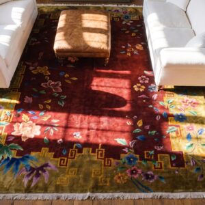 Large Long and Narrow Size Antique Red Chinese Art Deco Rug (SKU 25060) - styled overhead view