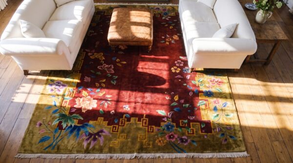 Large long and narrow size antique red chinese art deco rug 2 Large long and narrow size antique red chinese art deco rug (sku 25060) - styled overhead view