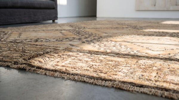 Antique large long and narrow size tribal brown east turkestan earthy color khotan rug (sku 19407) - in-room detail