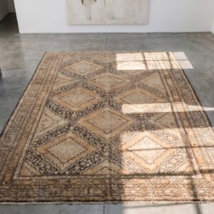 Antique Large Long and Narrow Size Tribal Brown East Turkestan Earthy Color Khotan Rug (SKU 19407) - styled overhead view