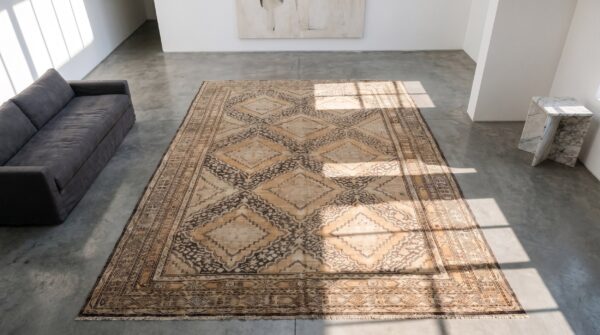 Antique large long and narrow size tribal brown east turkestan earthy color khotan rug (sku 19407) - styled overhead view