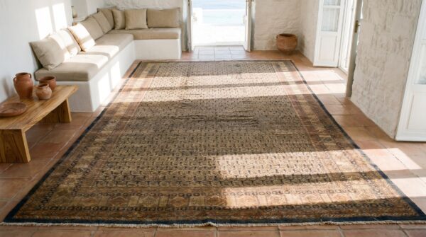 Antique large malayer allover floral hand knotted pile rug 2 Antique large malayer allover floral hand knotted pile rug (sku 18295) - styled overhead view