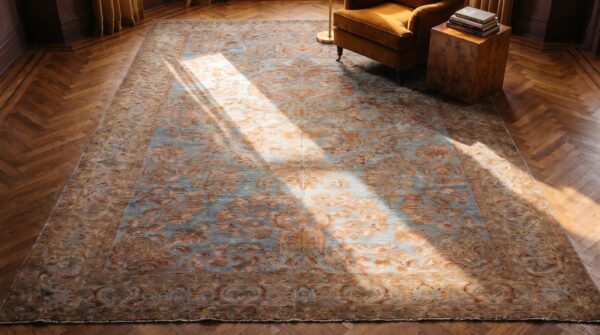 Antique large malayer persian geometric knotted rug (sku 24248) - styled overhead view