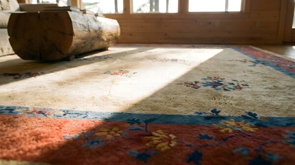 Antique large wool - manchester ivory beige cream white hand knotted pile rug 12 Antique large wool - manchester ivory beige cream white hand knotted pile rug (sku 24418) - in-room detail