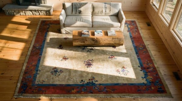 Antique large wool - manchester ivory beige cream white hand knotted pile rug 2 Antique large wool - manchester ivory beige cream white hand knotted pile rug (sku 24418) - styled overhead view