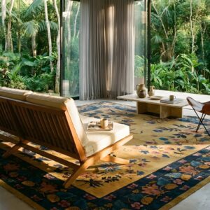 Antique Large Wool - Manchester Yellow Hand Knotted Pile Rug (SKU 24018) - styled overhead view