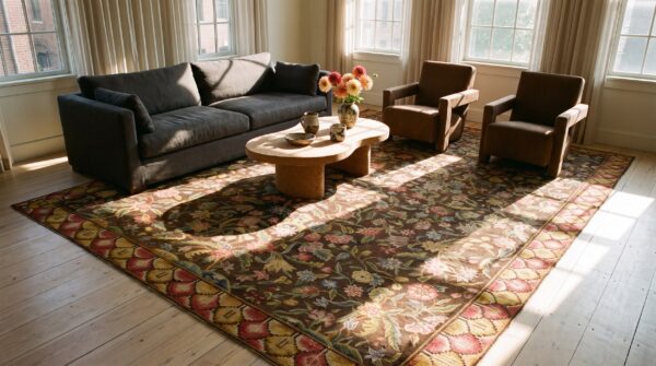 Antique large needlepoint english allover floral flat weave rug (sku 23634) - room view